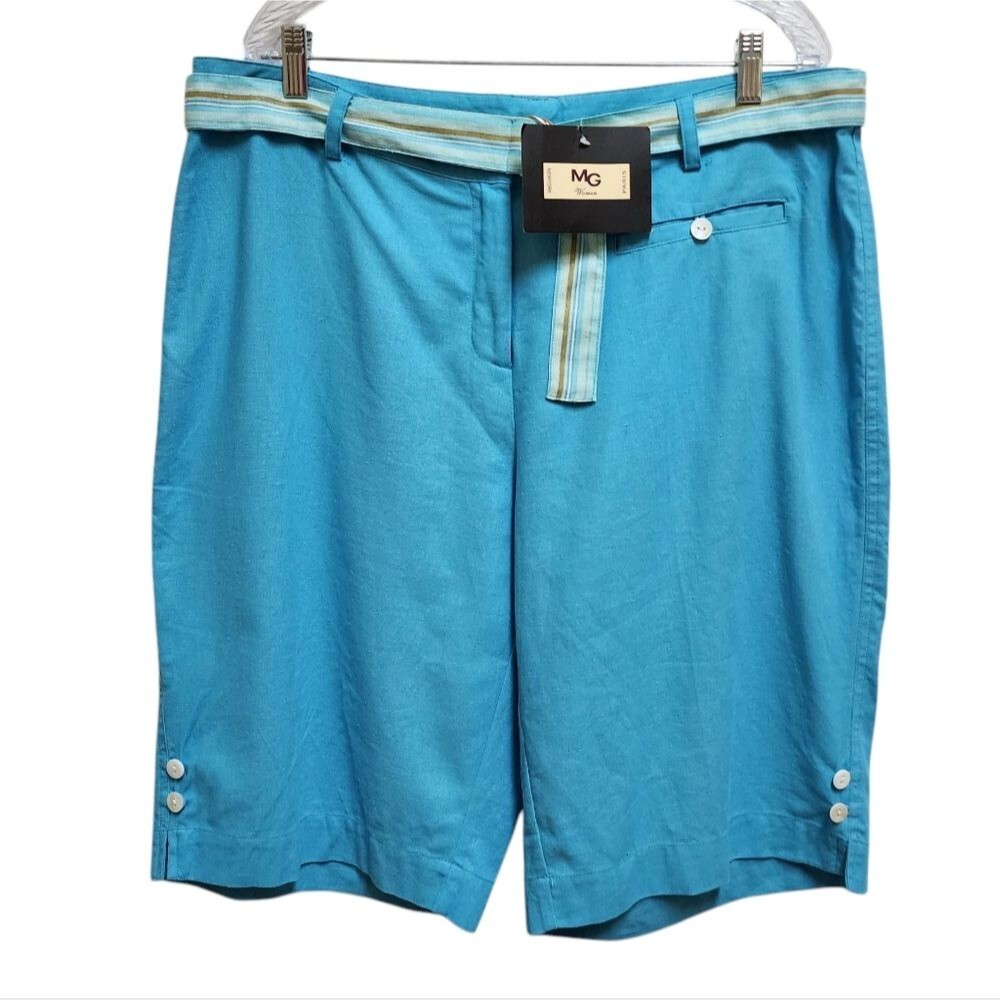 MG Women Shorts Size 16 Turquoise Linen Blend Bermuda Belted Casual Lightweight